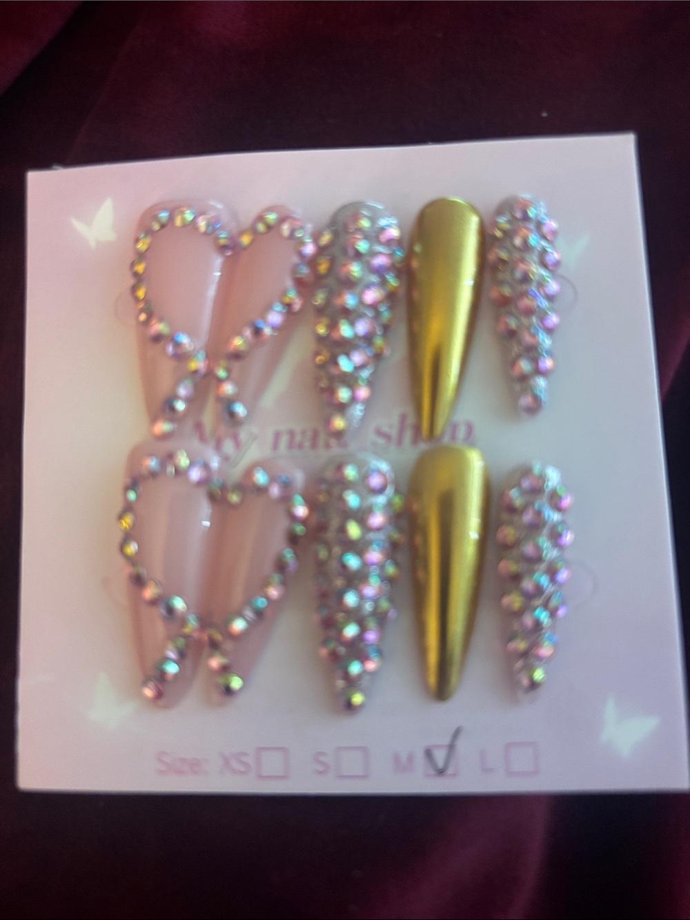 Crystal Heart & Gold Stiletto Press-On Nail Set - Pink & Gold